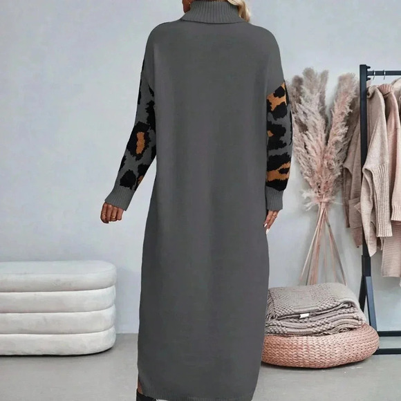 Multicolor Casual Women's Leopard Print Turtleneck Sweater Dress - Picture 2 of 6